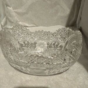 Etched Crystal Serving  Oval Dish Bowl Sawtooth Cut Edge Daisy Elegant